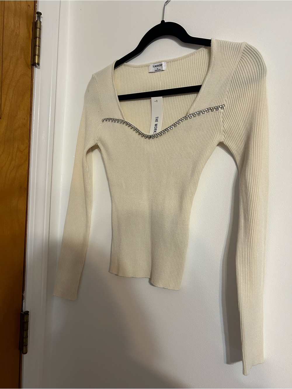 Workshop Republic Clothing Cream Ribbed Long-Sleeve Top with Crystal Trim